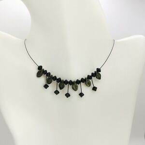 Vintage 90s Black Green Leaves Fringe Necklace